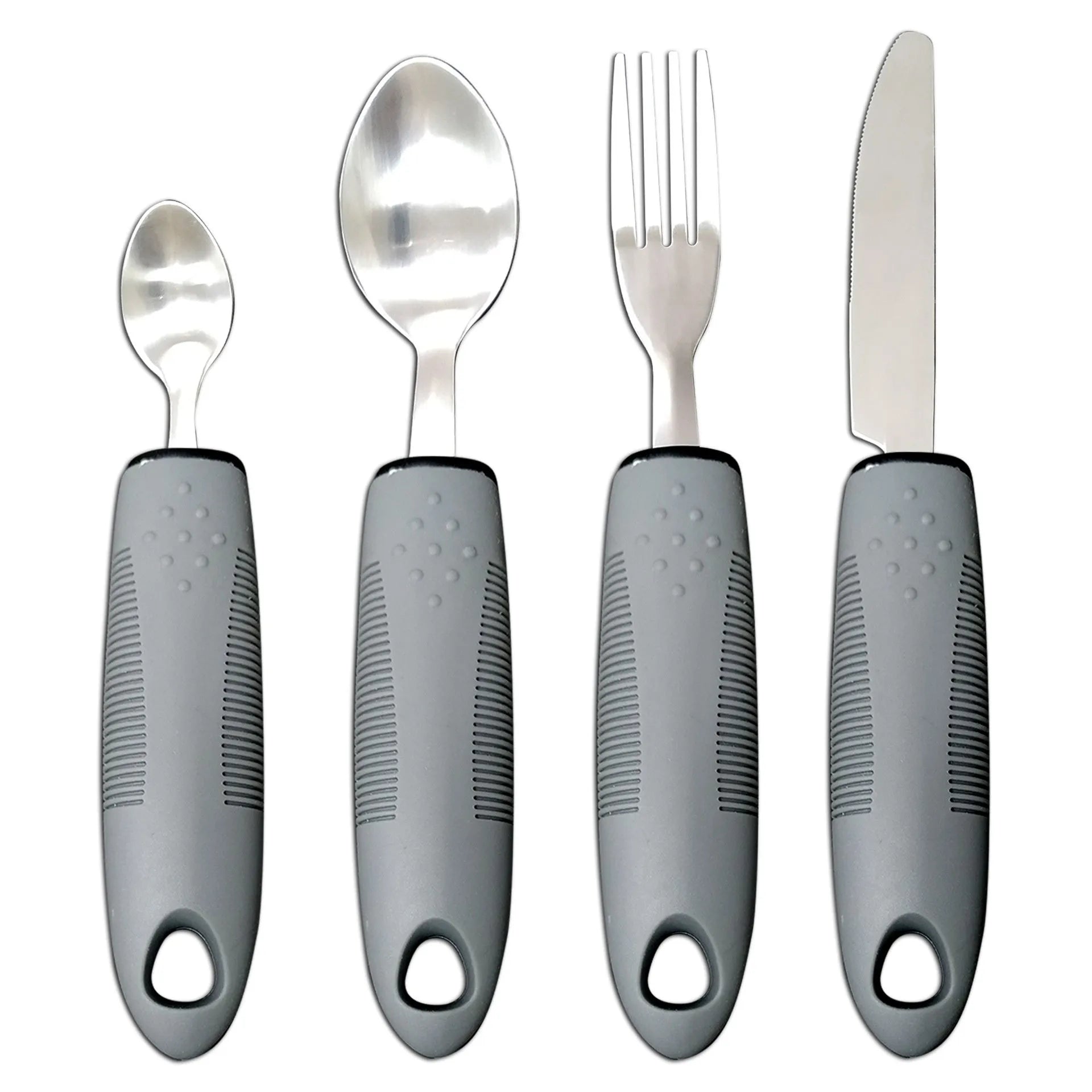 Stainless steel adaptive cutlery set with rubber handles for elderly or disabled users