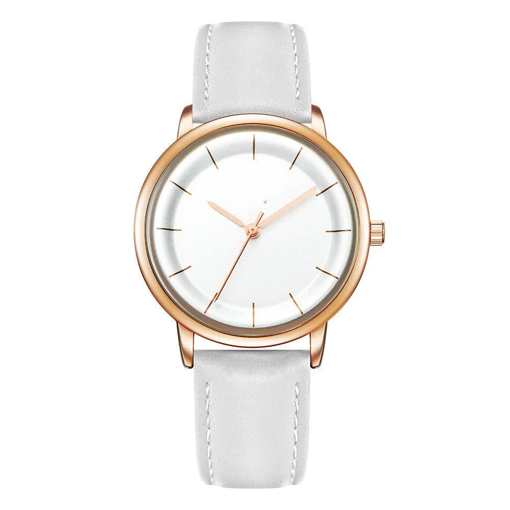 Women's quartz watch with round rose gold alloy case and white PU strap, 38mm dial, stainless steel buckle