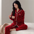 Women's flannel cardigan pyjama set in fruit green with long sleeves and matching trousers