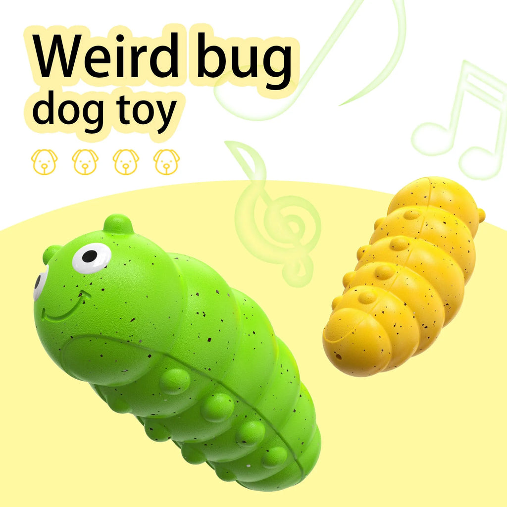 Green and yellow teething dog toy with weird barking bug sound for small dogs