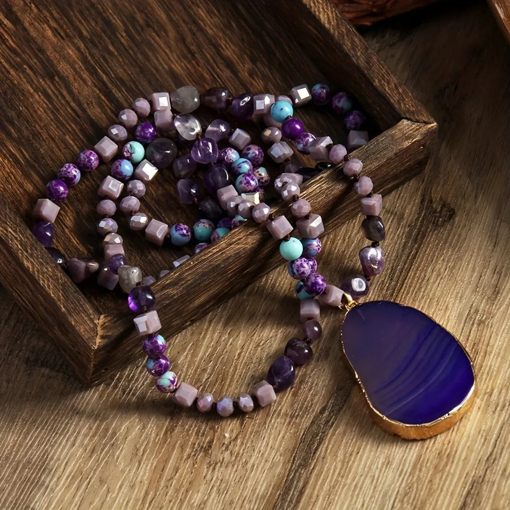 Bohemian natural stone agate water drop pendant necklace with glass beads, available in multiple colours