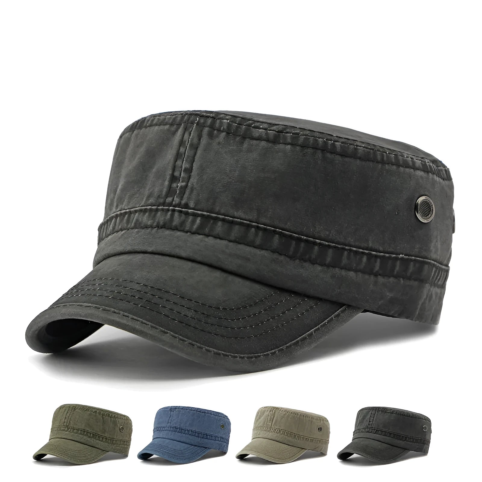Military flat top cap in cotton fabric with adjustable strap, shown in army green colour