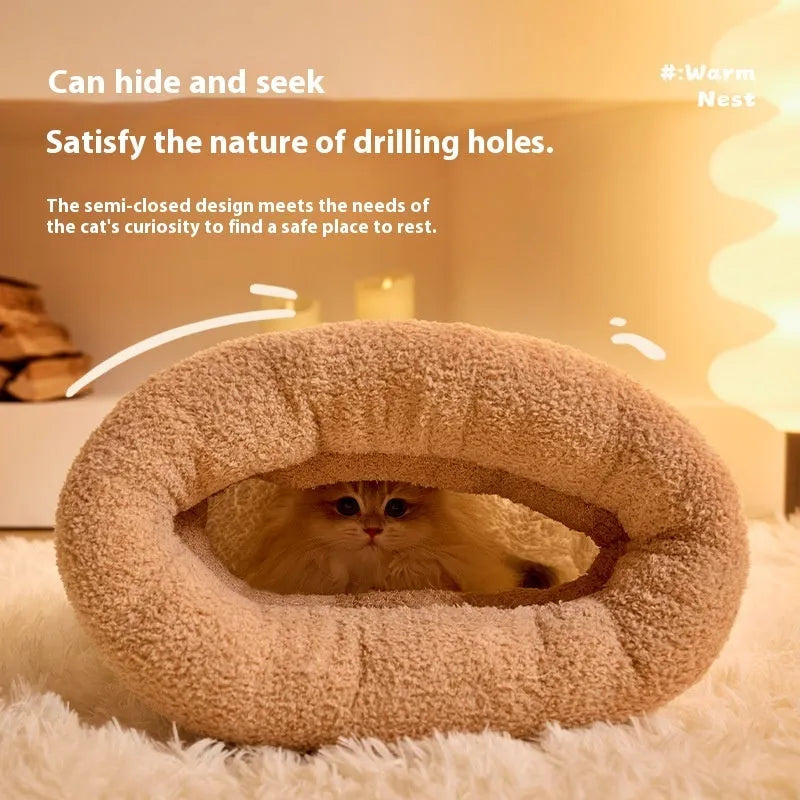Brown semi-enclosed pet sleeping bag with lambswool warming layer for cats