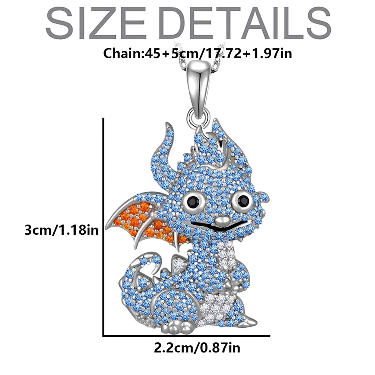 Blue zircon flying dragon pendant necklace on O-ring chain, zinc alloy, 50cm length