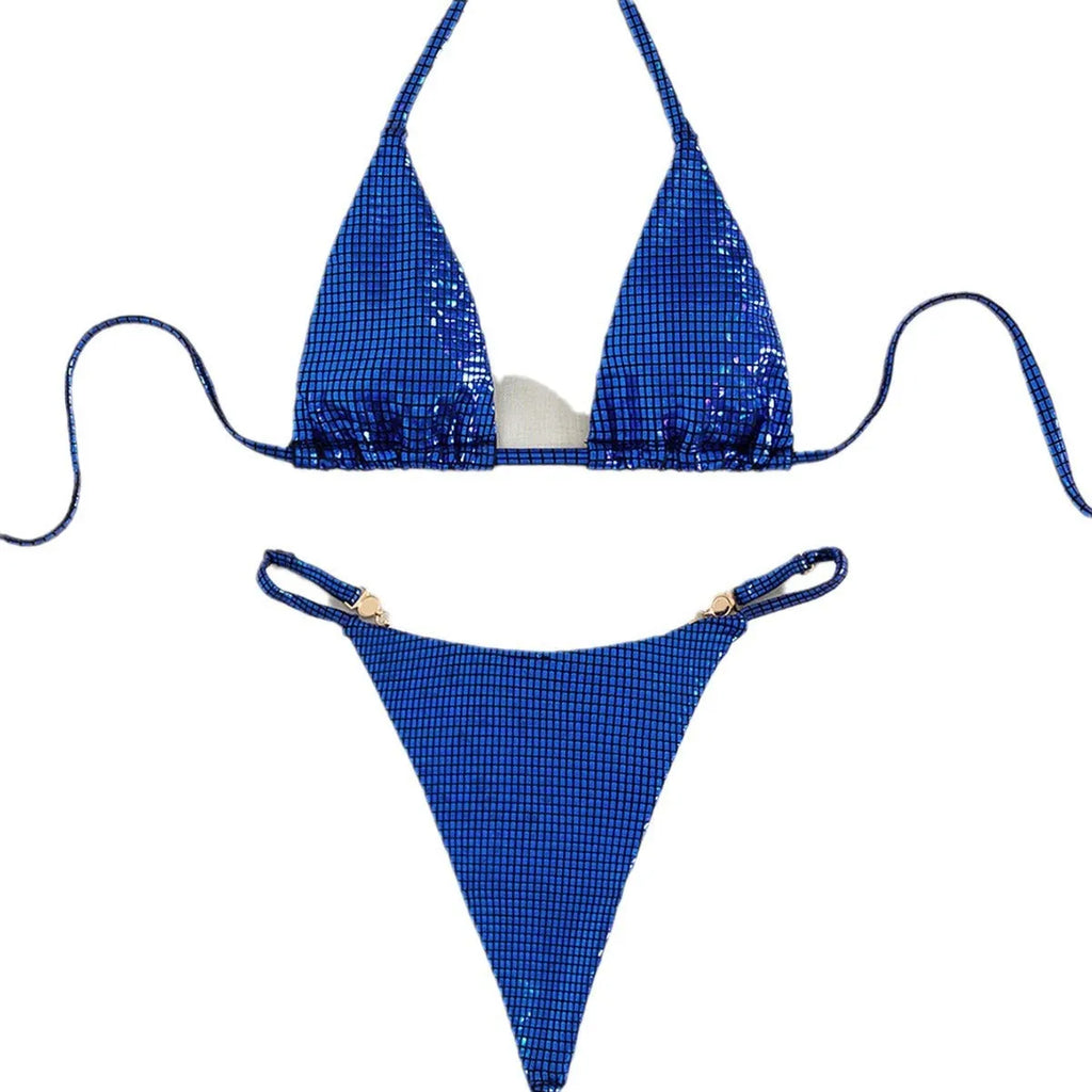 Women's solid colour blue T-back bikini set with briefs, laid flat.