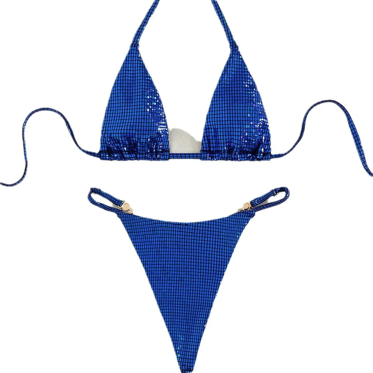 Women's solid colour blue T-back bikini set with briefs, laid flat.