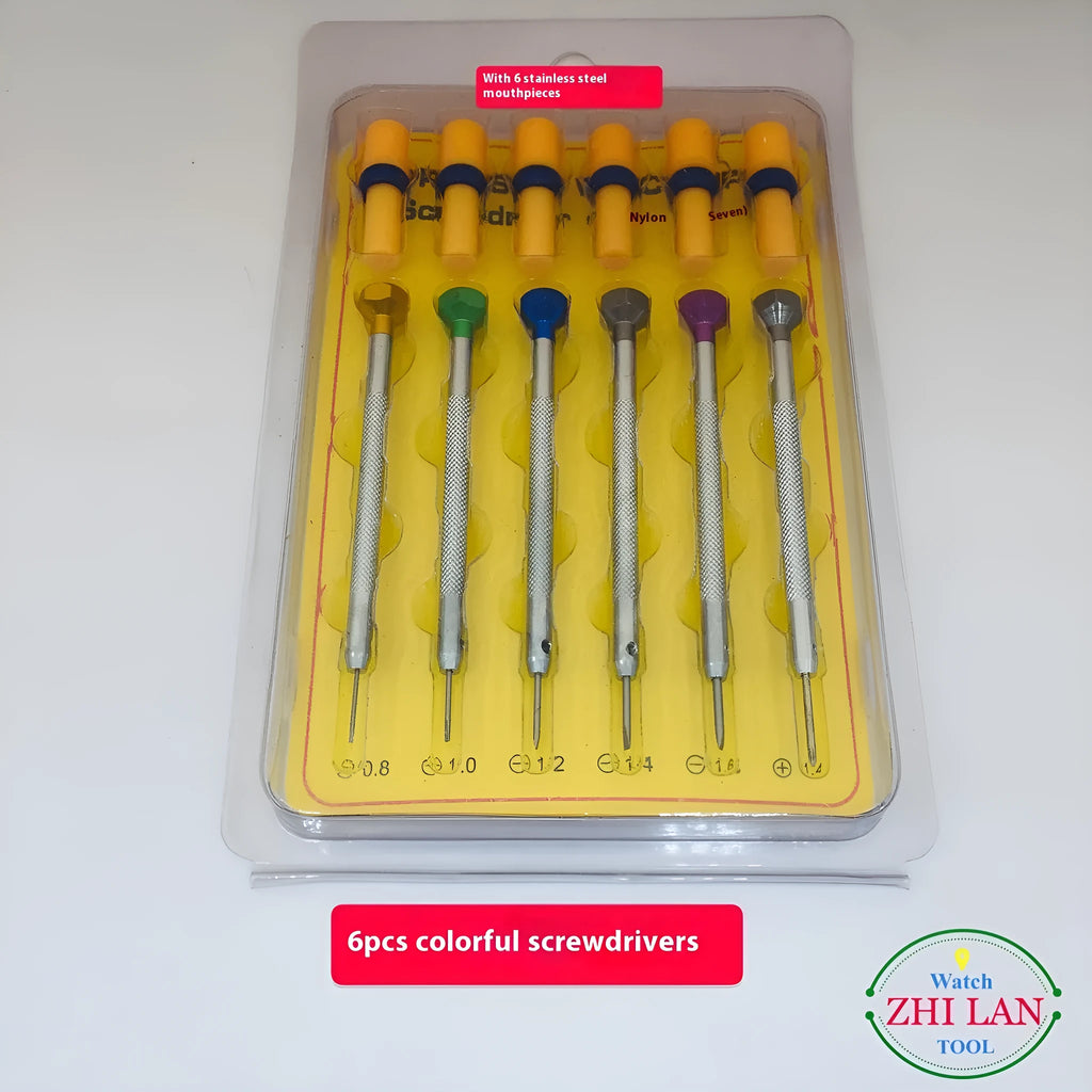 6-piece watch repair screwdriver set with colour aluminium suit and copper handles