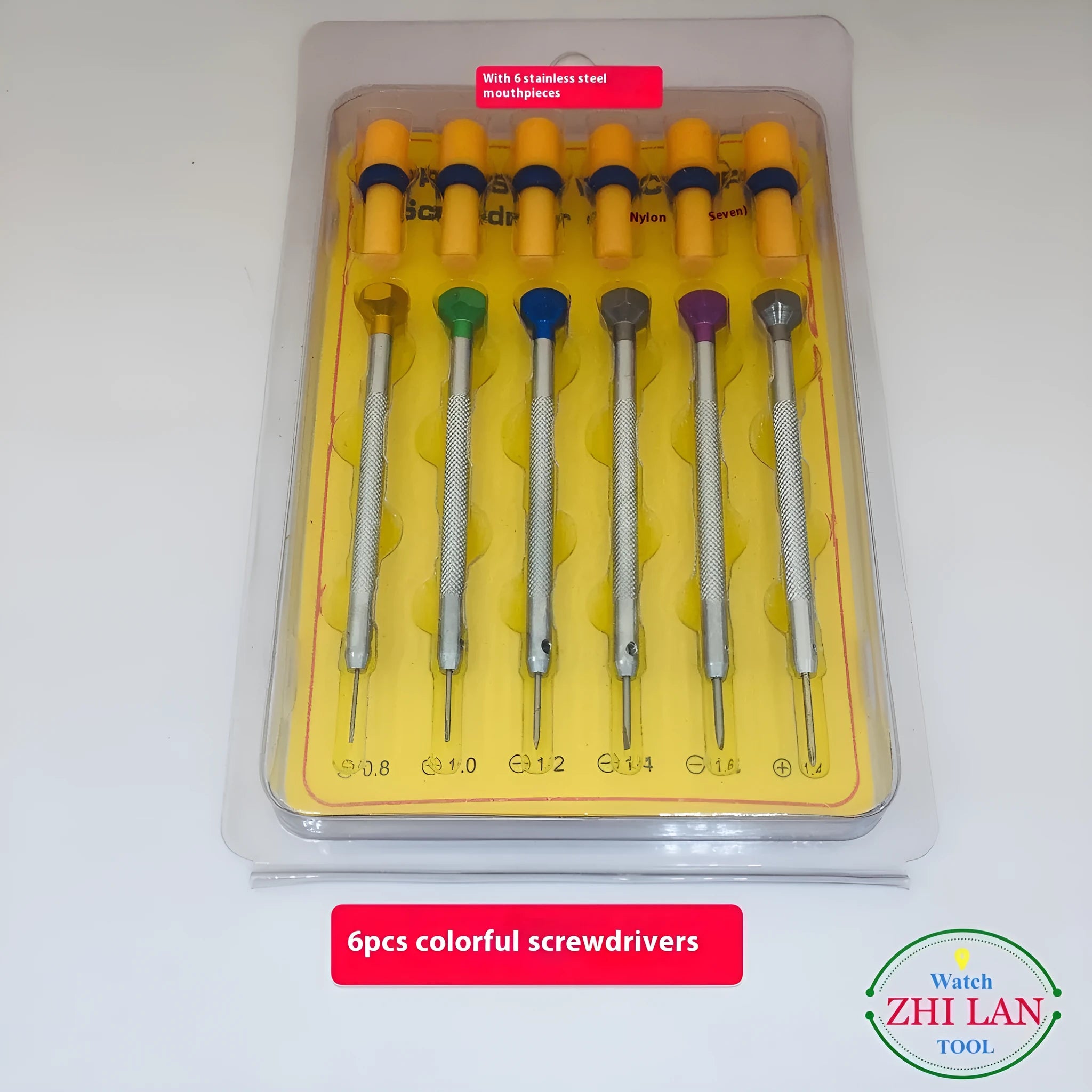 6-piece watch repair screwdriver set with colour aluminium suit and copper handles