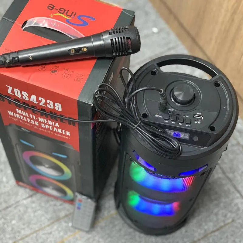 Black portable Bluetooth speaker with dual horn design and card slot