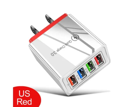 4-port USB mobile phone charger with illuminated indicators in multiple colour options