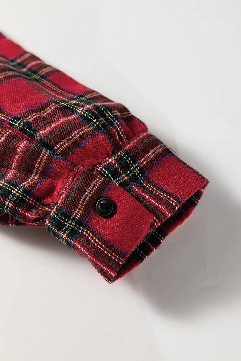 Red plaid shirt collar mini dress with half-button front and ruffle hem detail