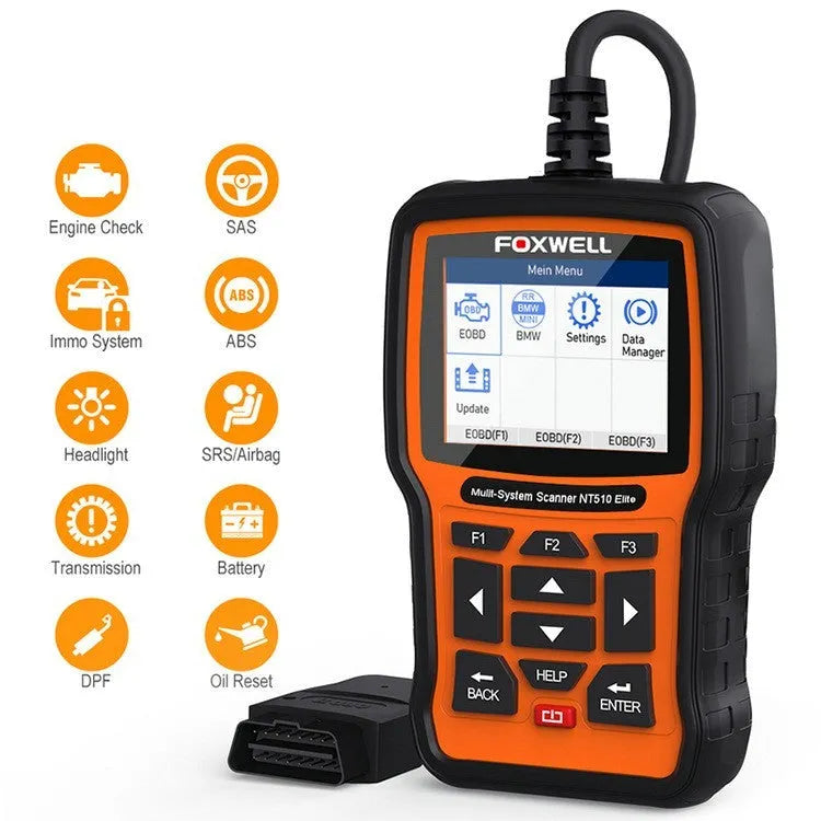 Foxwell NT510 automotive diagnostic tool with orange and black casing and large TFT colour screen