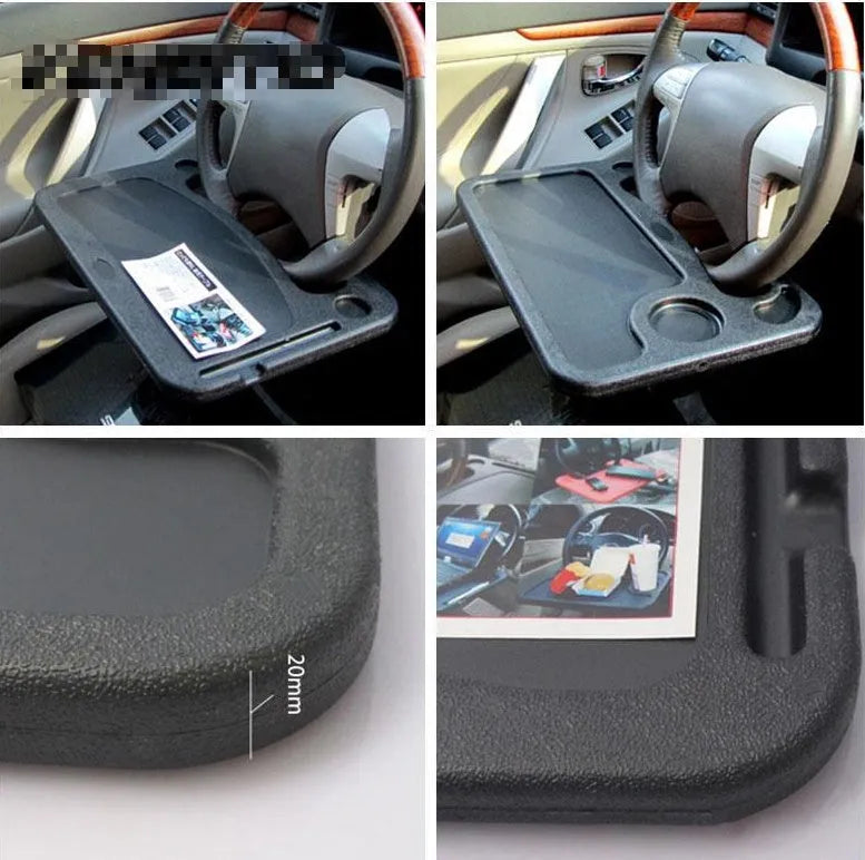Multifunctional car desk in grey ABS with full suspension structure mounted on a car steering wheel, showing the adjustable angle handle