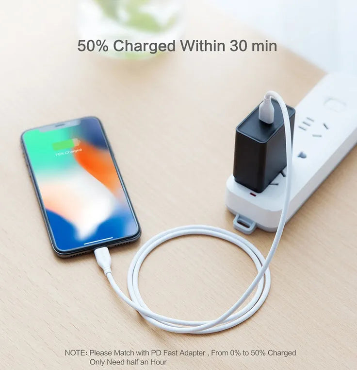White one metre long USB-C to Lightning charging and sync cable for iPhone