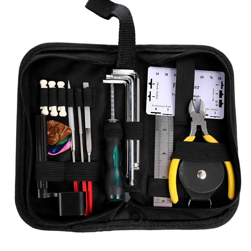 Black plastic case open to show guitar repair and maintenance tools for guitars, basses, mandolins, and banjos.
