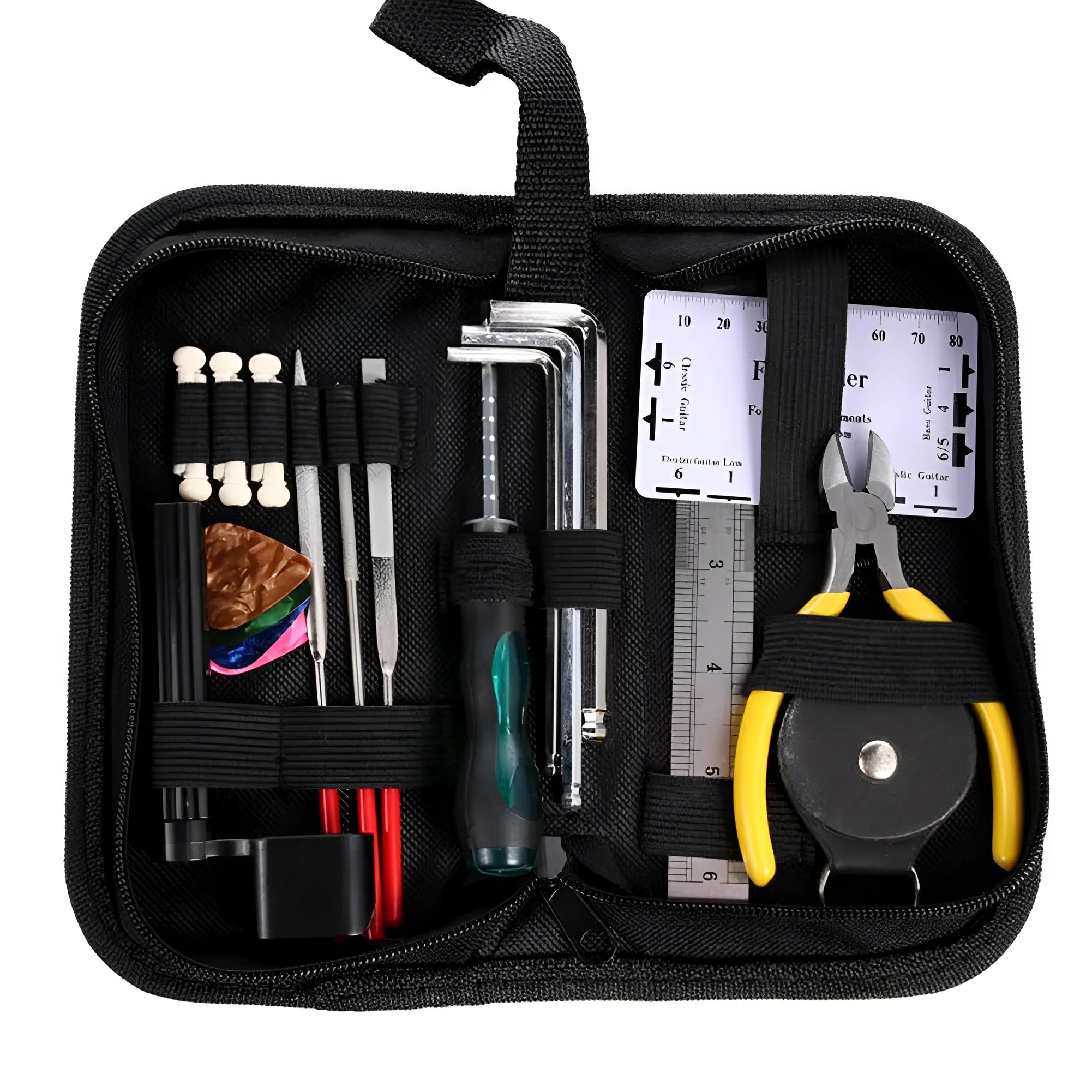 Black plastic case open to show guitar repair and maintenance tools for guitars, basses, mandolins, and banjos.