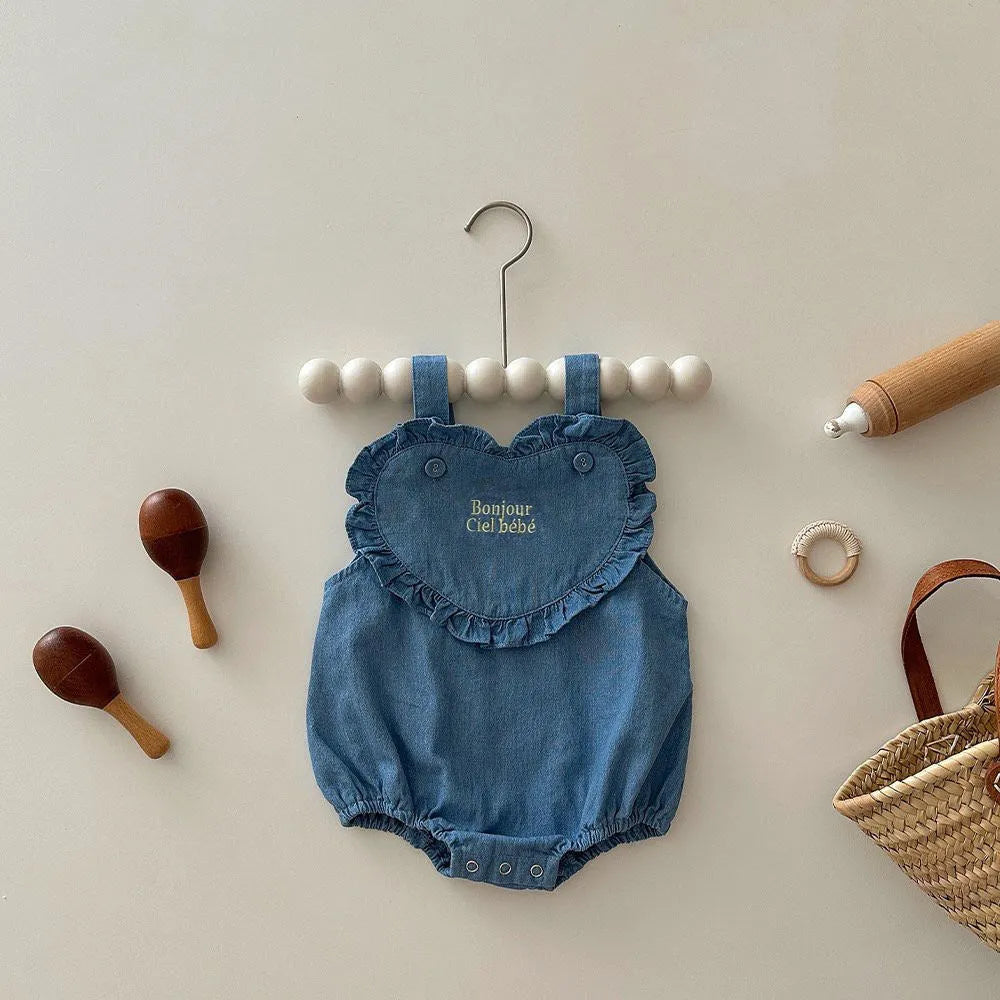 Newborn pure cotton denim triangle romper jumpsuit in dark blue and light blue, sleeveless pullover style, sizes 66-100cm