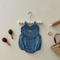 Newborn pure cotton denim triangle romper jumpsuit in dark blue and light blue, sleeveless pullover style, sizes 66-100cm