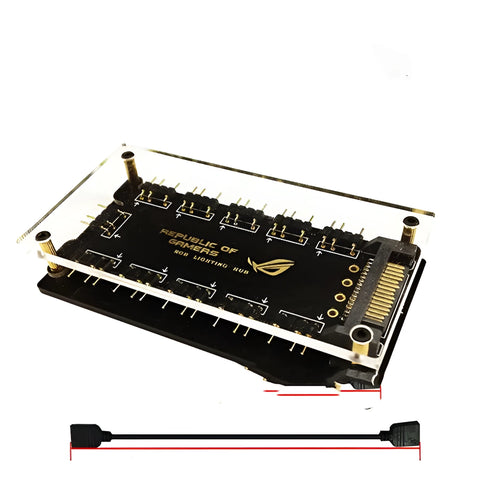Black AURA RGB 10-port hub with SATA power cable for PC addressable RGB lighting control.