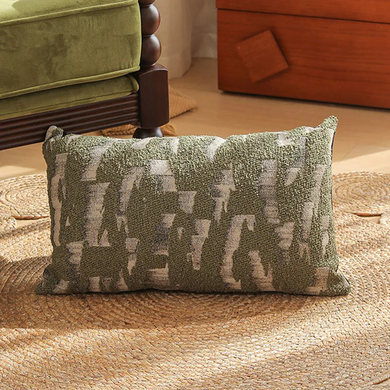 Close-up of a beige and green floral Jacquard woven cushion cover with textured pattern, 45cm square.