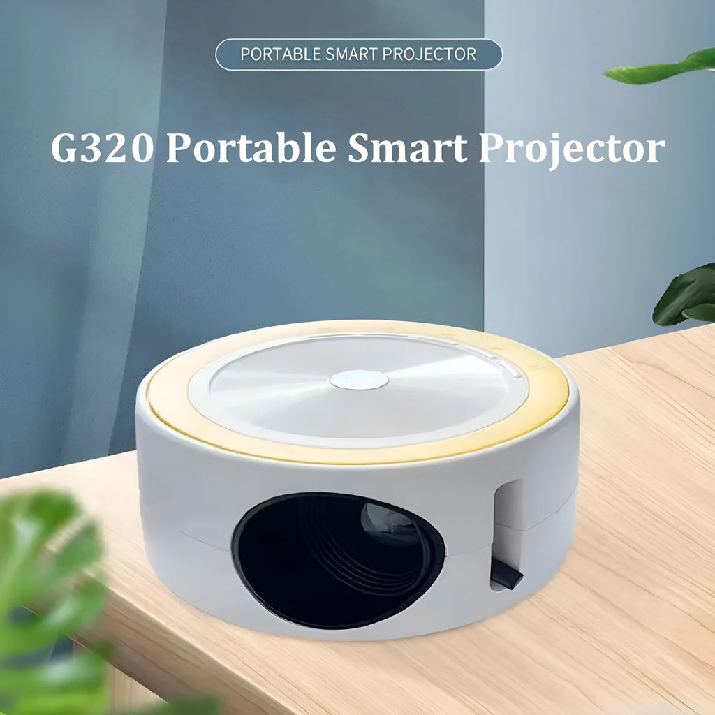 YT200 portable LED projector in four colour options showing 110mm diameter compact design