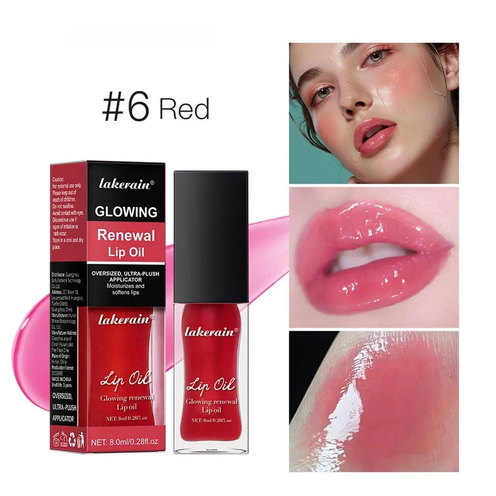 Lip gloss tube in one of seven colours: coral, clear, honey, jam, pink, red, or rose.