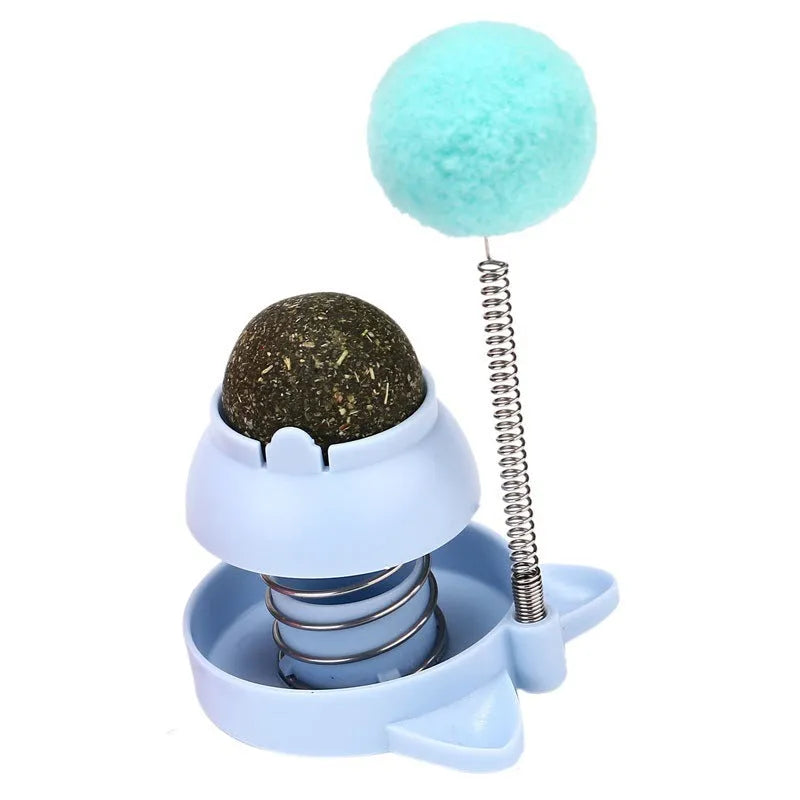 Blue Lucky Cat mint ball cat toy with tease stick, shown with 55mm diameter for scale.
