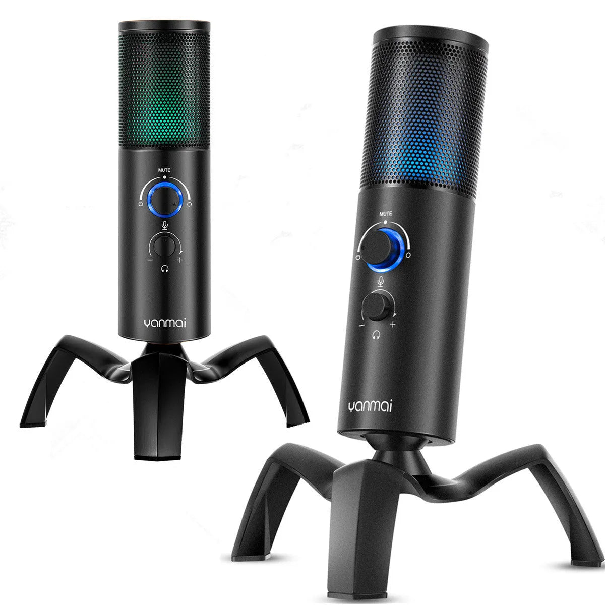 Black Q18 bidirectional condenser microphone with RGB lighting on adjustable tripod stand