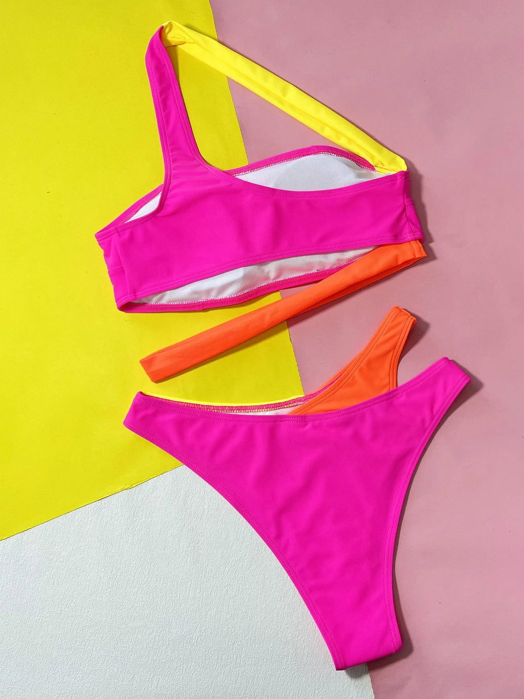Rose red hollow contrast colour split bikini swimsuit with brief style bottoms
