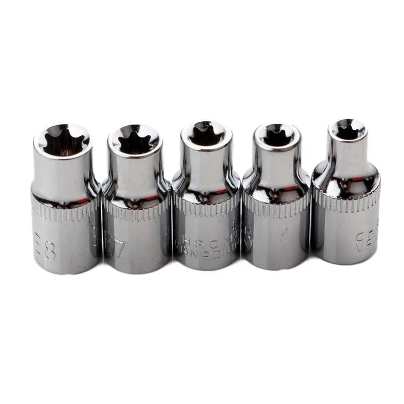Red box containing a 14-piece set of chrome vanadium steel E-type sockets for repair work.
