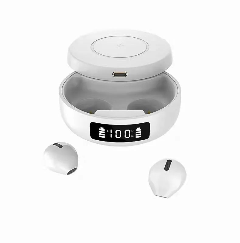 Mini semi-in-ear headphones with wireless charging compartment in black colour