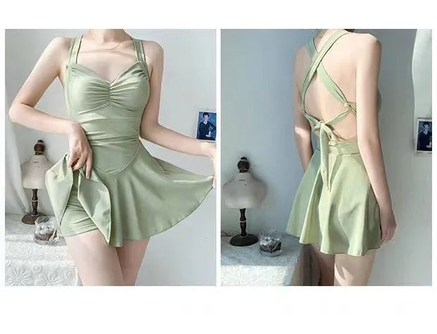 Women's holiday boxer swimsuit one-piece in avocado green with backless design