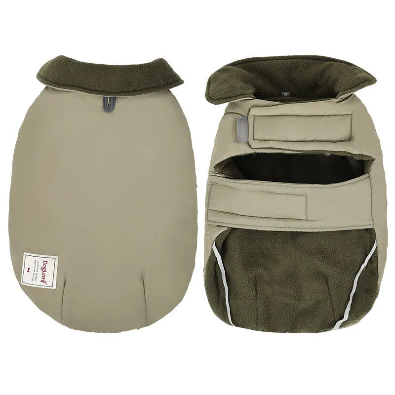 Dog wearing a solid-colour lapel turtleneck cotton-padded vest in a choice of sand white, light purple, or khaki green.