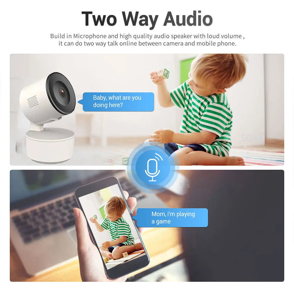Smart WiFi indoor security camera with 1080p resolution and PTZ rotation capability