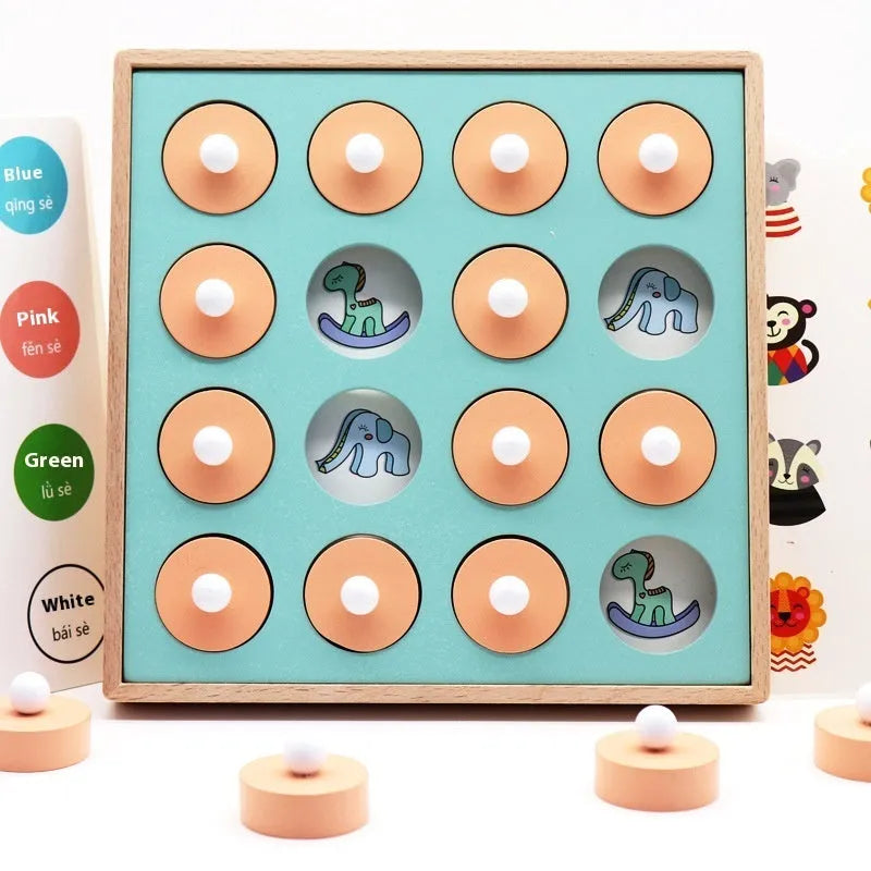 Children's wooden pattern memory chess set with 20.5cm board and multicolour wooden pieces