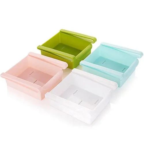 Hanging plastic refrigerator storage rack with drawer compartments and clapboard design for kitchen organisation