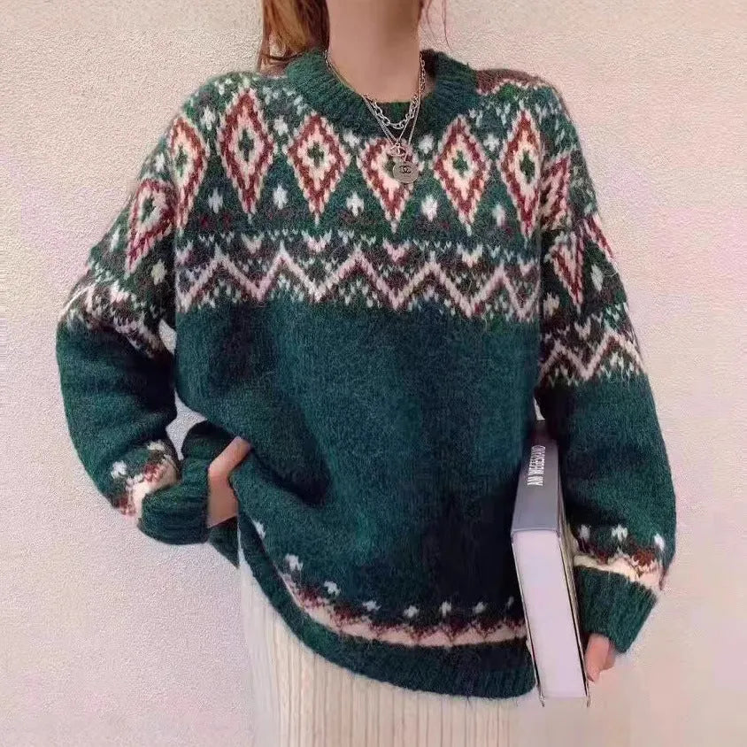 Striped loose retro pullover knitted top in polyester fibre with long sleeves
