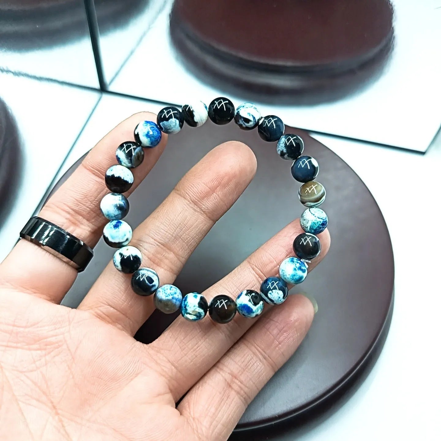 Bohemian ladies bracelet with 8mm natural agate beads and glass components in multiple colour variations