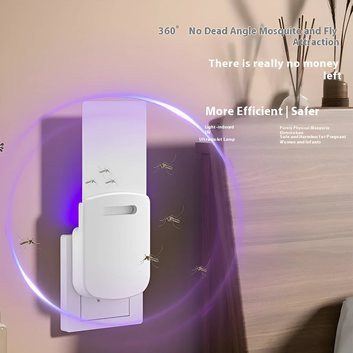 Home UV LED mosquito killer lamp with ABS shell, 80x36x95mm, USB plug-in, and five adhesive boards for indoor insect capture