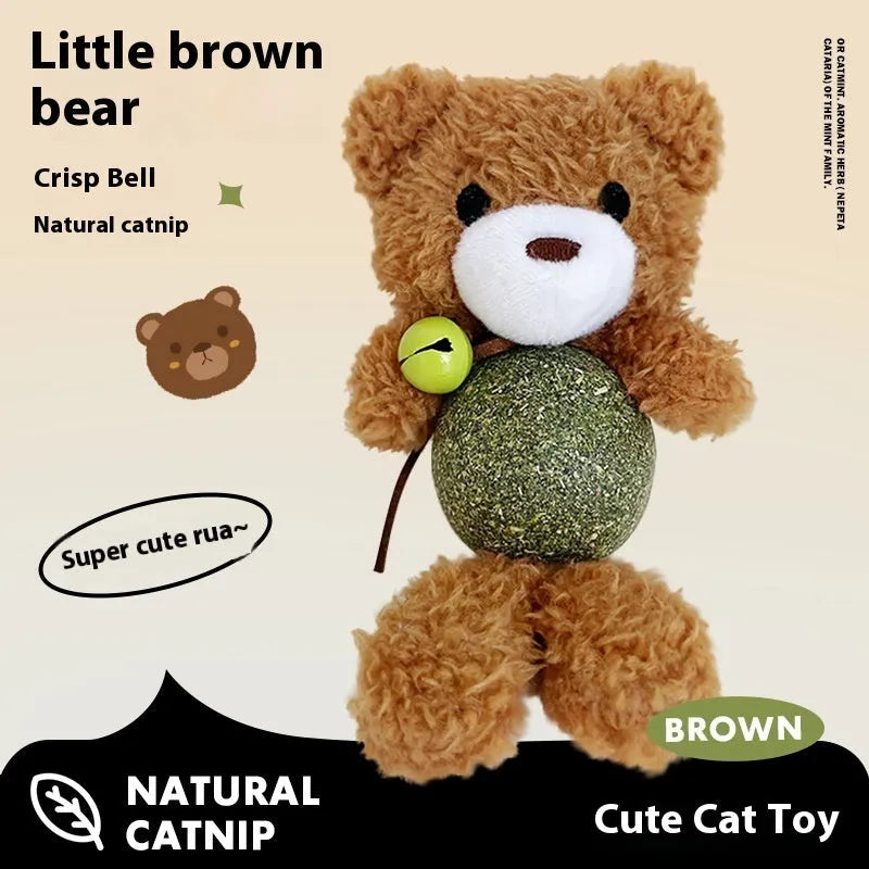 Plush catnip ball toy with bell in animal designs for kitten biting relief