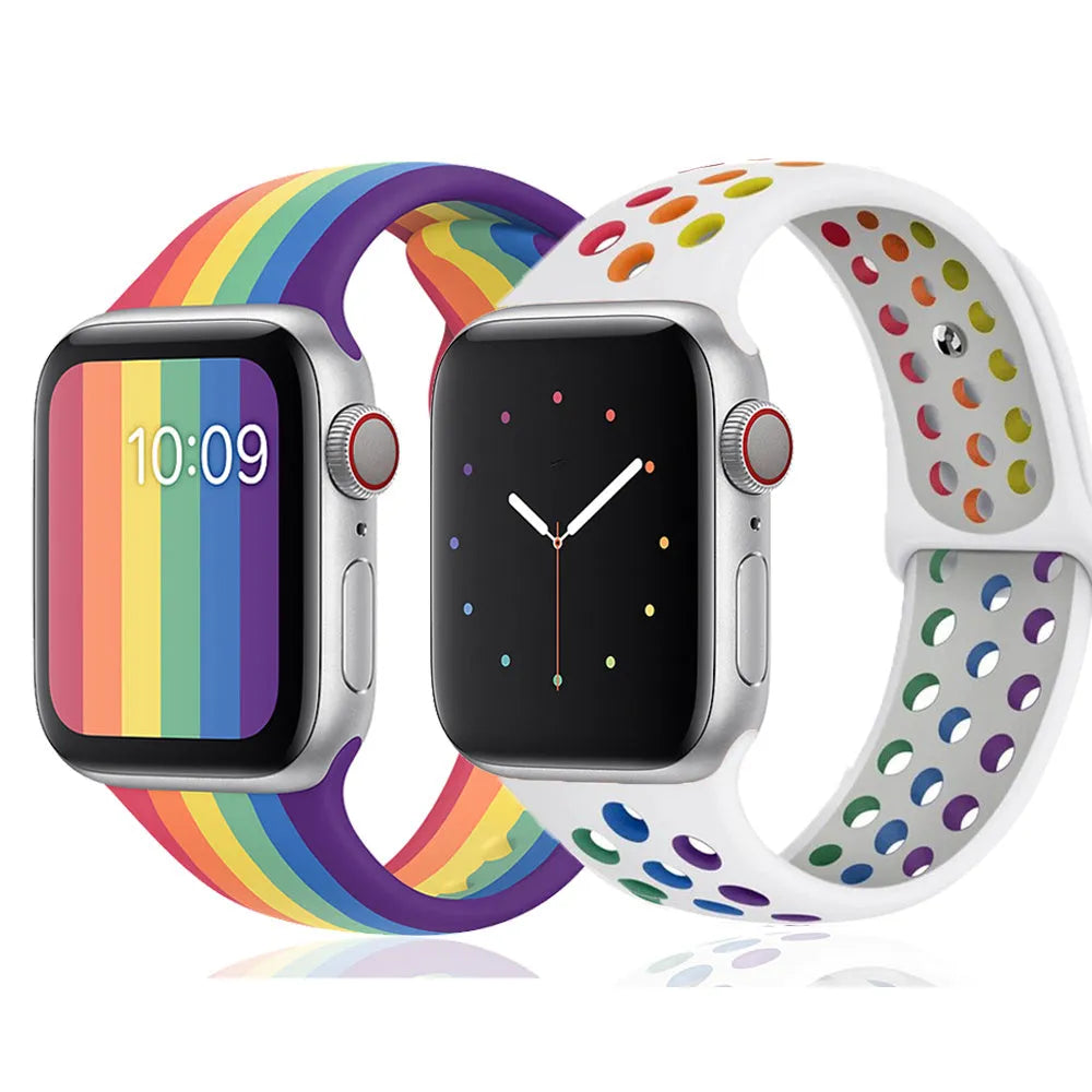 Silicone sports wristband with single buckle in black, rainbow, or white colours showing two size options