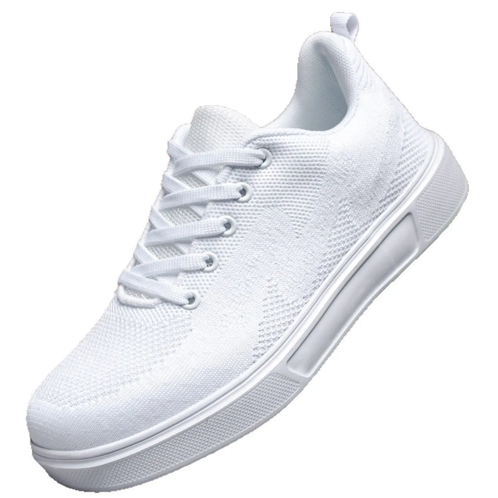 Light white and black unisex casual board shoes with mesh upper and thick EVA sole.
