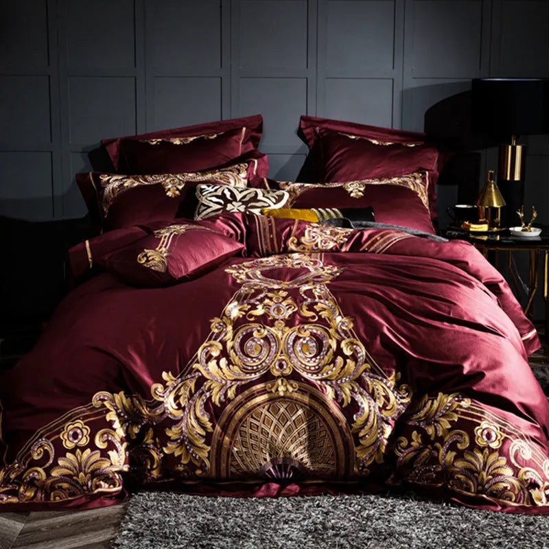 Four-piece embroidery bed set in 100% high-grade horse cotton satin weave – grey option with duvet cover and pillowcases