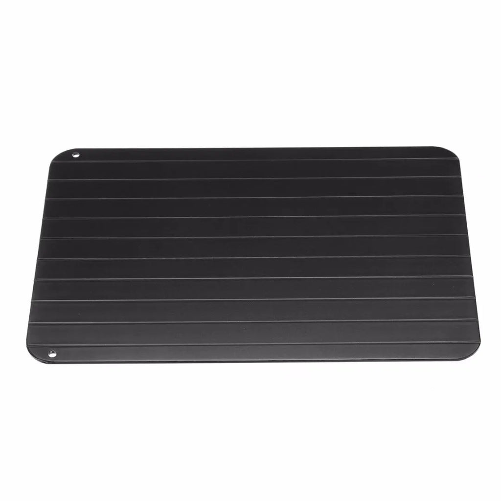 Black aluminium quick defrosting tray for thawing meat and frozen food without electricity.