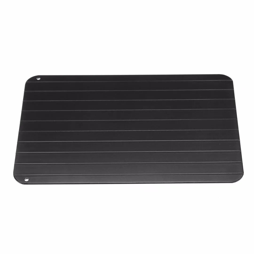 Black aluminium quick defrosting tray for thawing meat and frozen food without electricity.