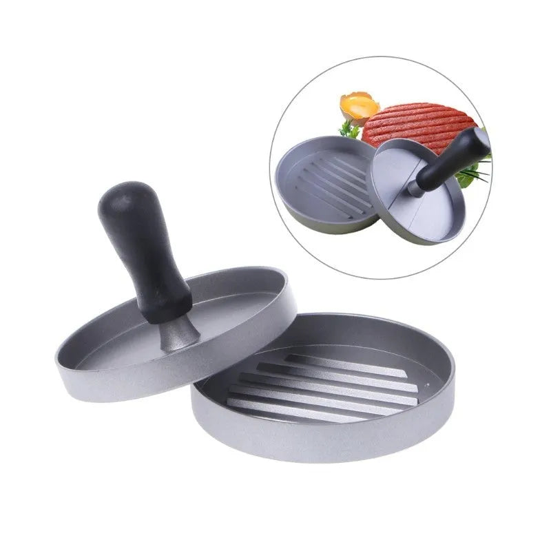 Single aluminium die cast burger press with base and handled plate, 12x12x9 cm size