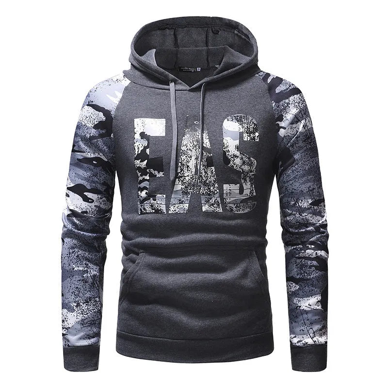 Mens long sleeve camouflage print hooded sweatshirt in polyester fibre, black colour, front view
