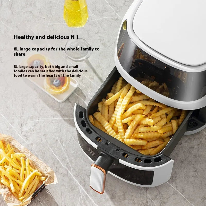 Home 8L black air fryer with colour touch screen, electric hot air convection, and automatic power-off on countertop