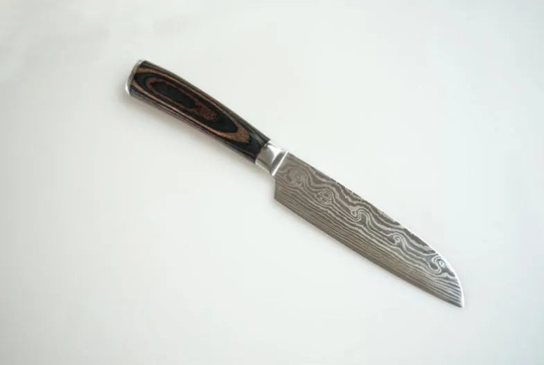 7Cr17 stainless steel kitchen knife with laser Damascus pattern blade and coloured wood handle