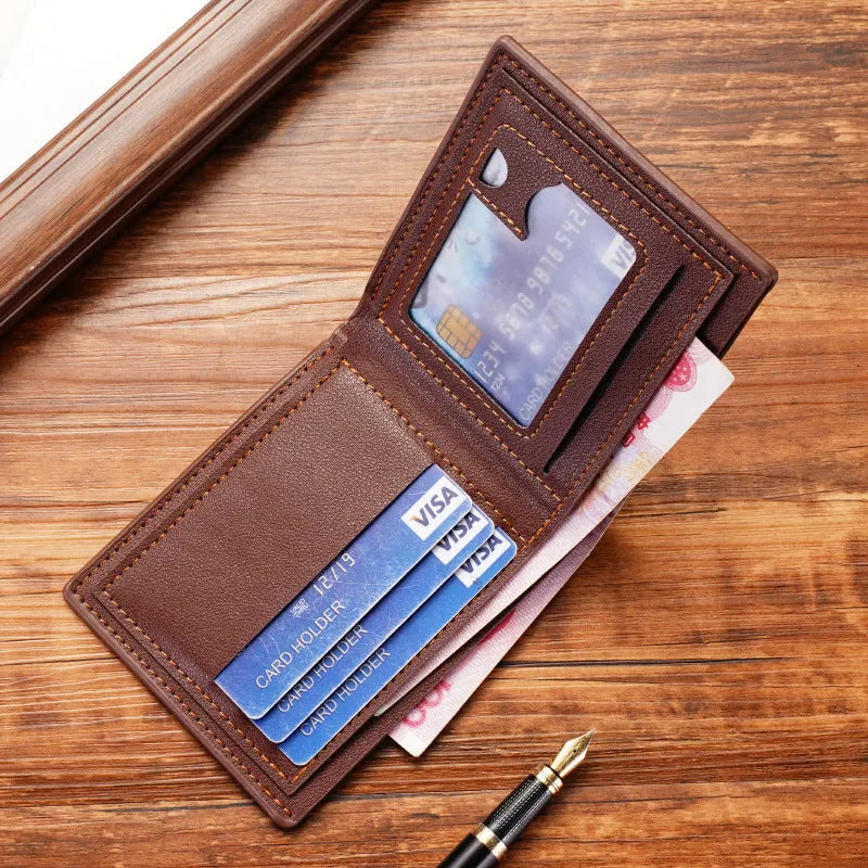 Men's thin three-fold PU leather wallet in black showing multiple card slots.